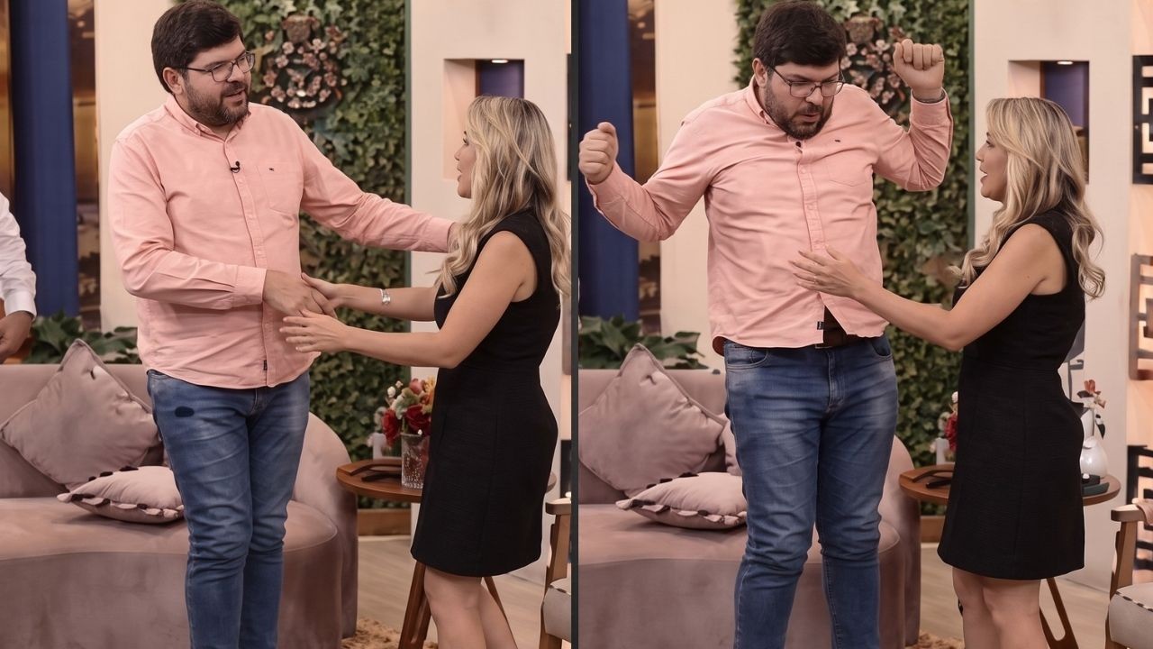Duas fotos de padre e apresentadora em estúdio; ela o toca, ele reage com susto.