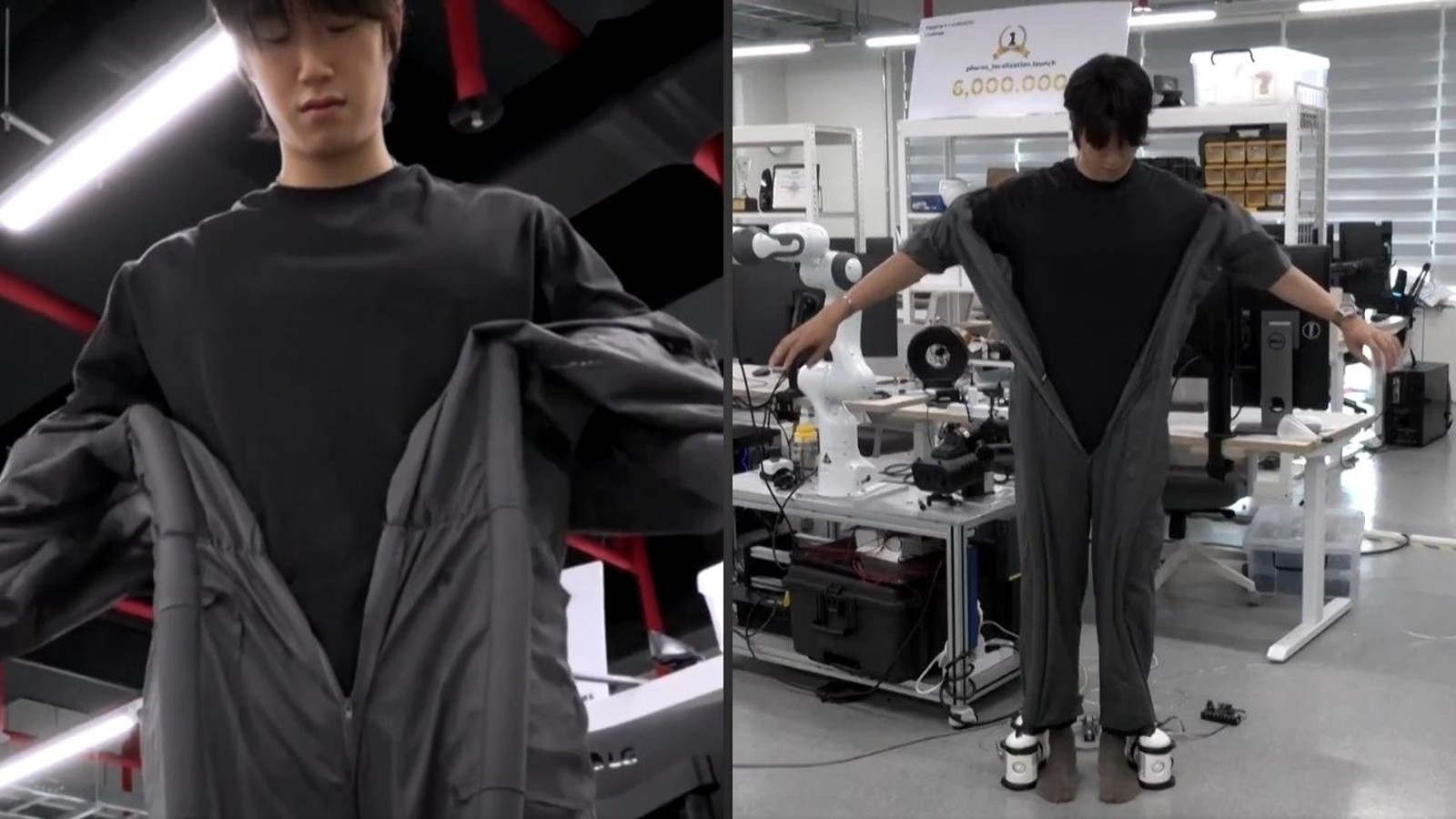 Homem em laboratório experimenta roupa robótica cinza que se veste sozinha, com dispositivos nos pés