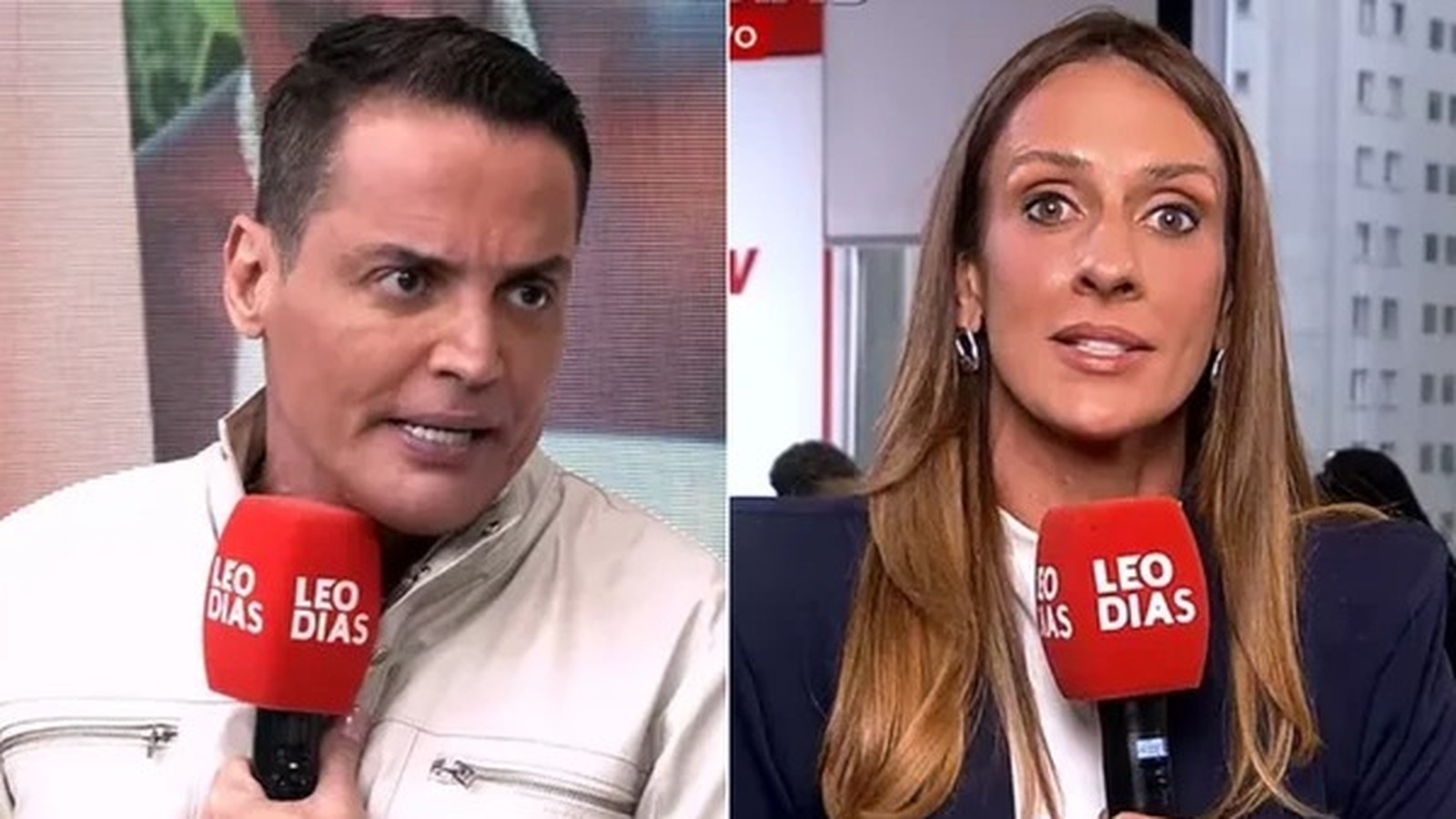 Leo Dias e Monique Arruda em tela dividida, segurando microfones vermelhos "LEO DIAS"