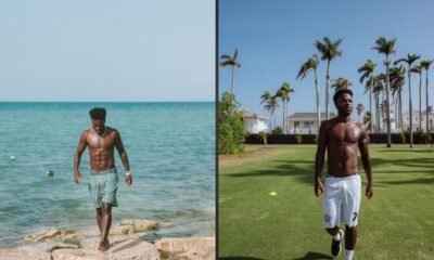 Vini Jr. sem camisa, um na beira-mar, outro em gramado com palmeiras