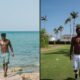 Vini Jr. sem camisa, um na beira-mar, outro em gramado com palmeiras
