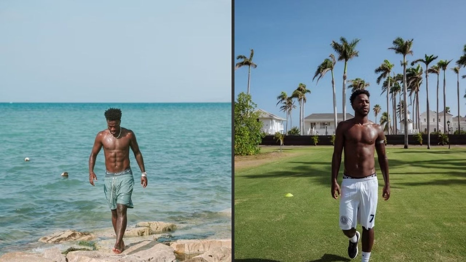 Vini Jr. sem camisa, um na beira-mar, outro em gramado com palmeiras