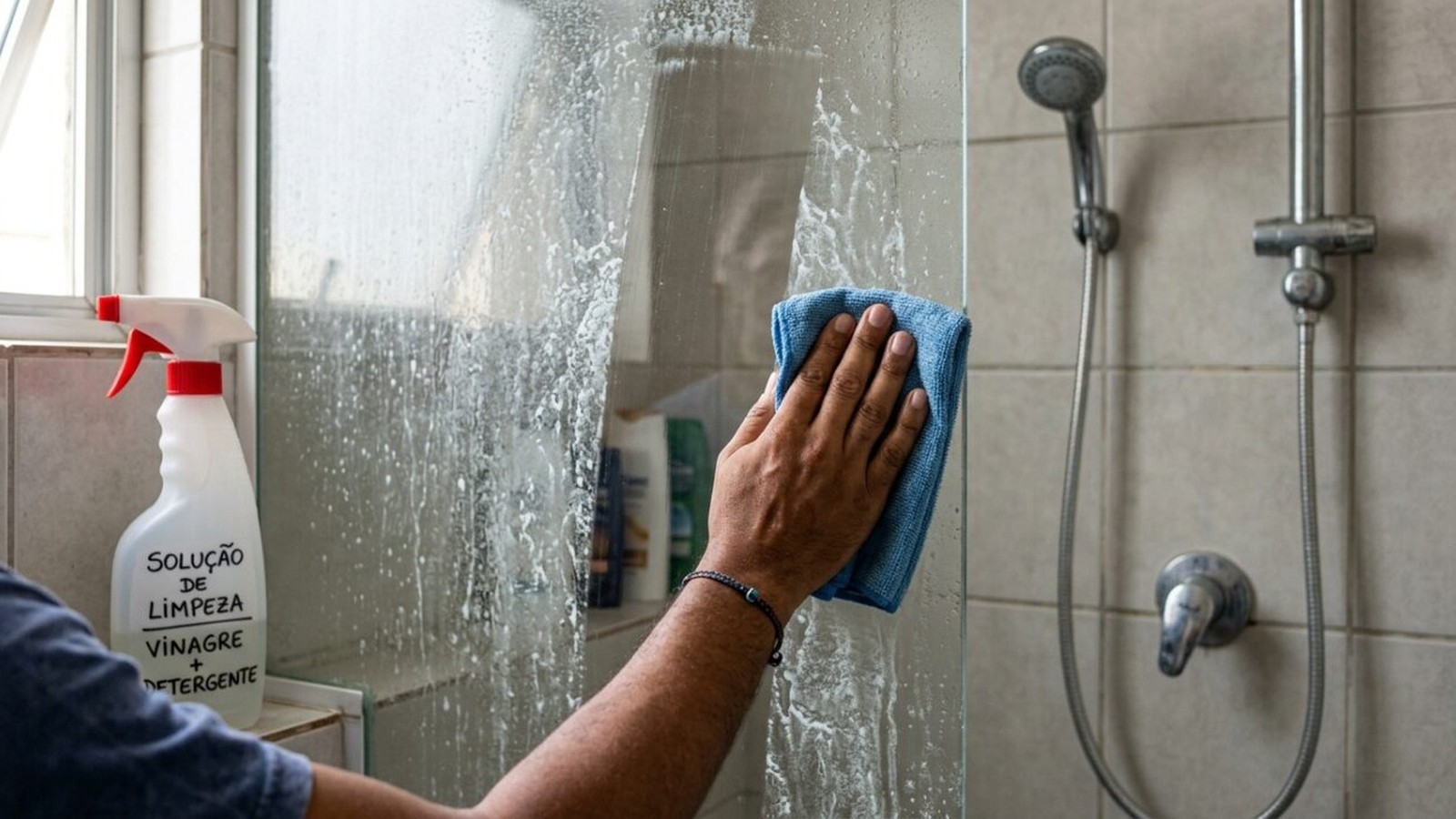 Mão limpa box de vidro do chuveiro com spray caseiro de vinagre e detergente