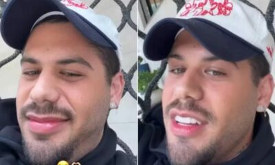 Zé Felipe, de boné, em close-up, sorrindo e falando em dois momentos distintos.