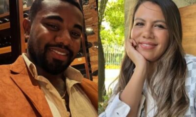 Davi Brito e Emilly Araujo em uma foto dividida, ambos sorrindo