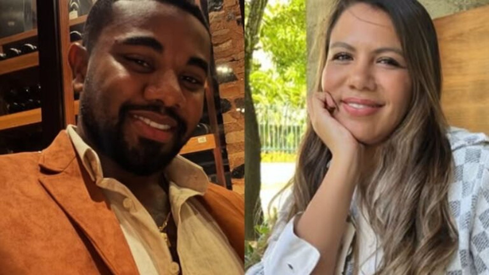 Davi Brito e Emilly Araujo em uma foto dividida, ambos sorrindo