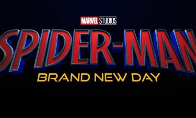 Logo de Marvel Studios Spider-Man Brand New Day em letras vermelhas e amarelas
