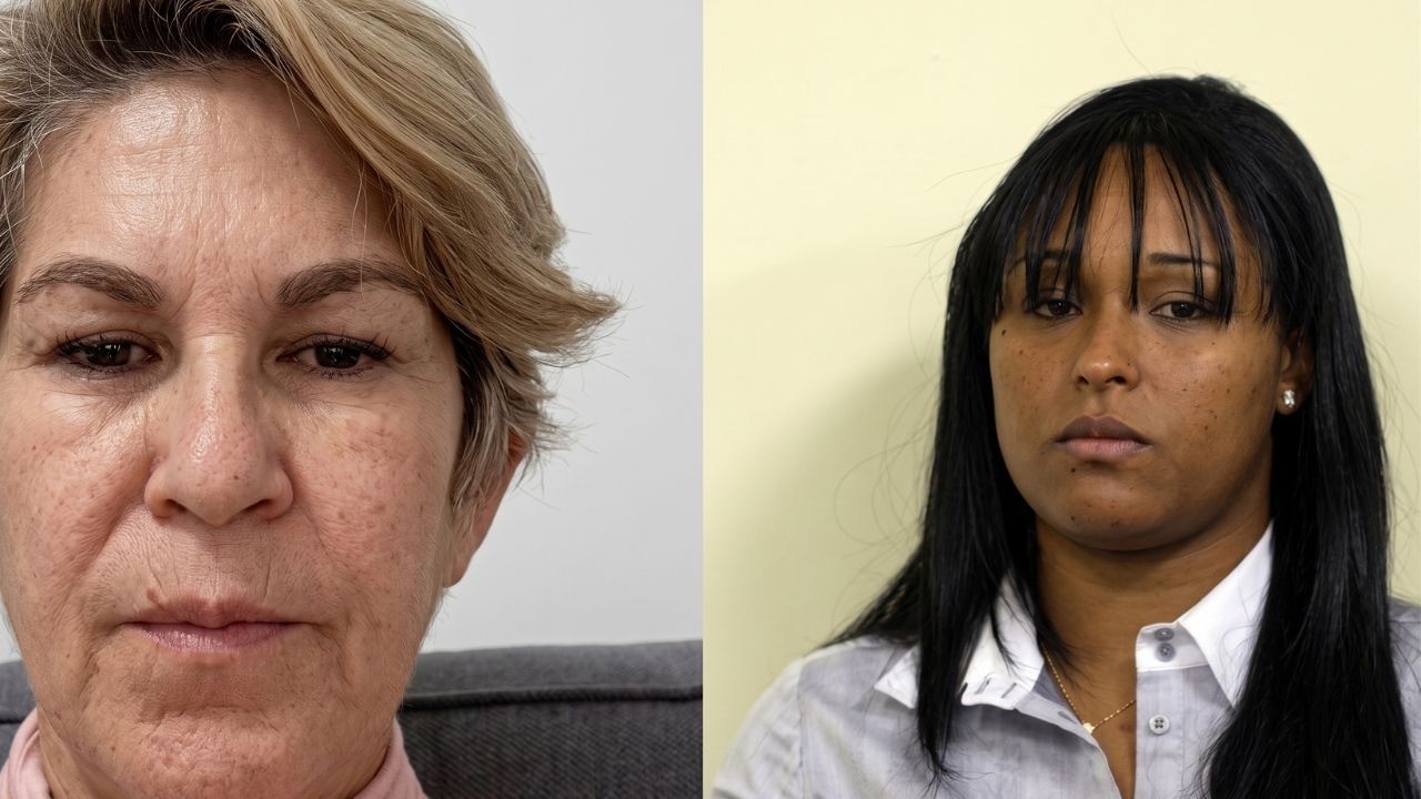 Imagem dividida mostrando Sônia Moura e Dayanne Rodrigues olhando para frente com expressão neutra.