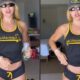 Mulher loira com boné da Jamaica, óculos escuros, regata e shorts pretos com amarelo, segurando spray
