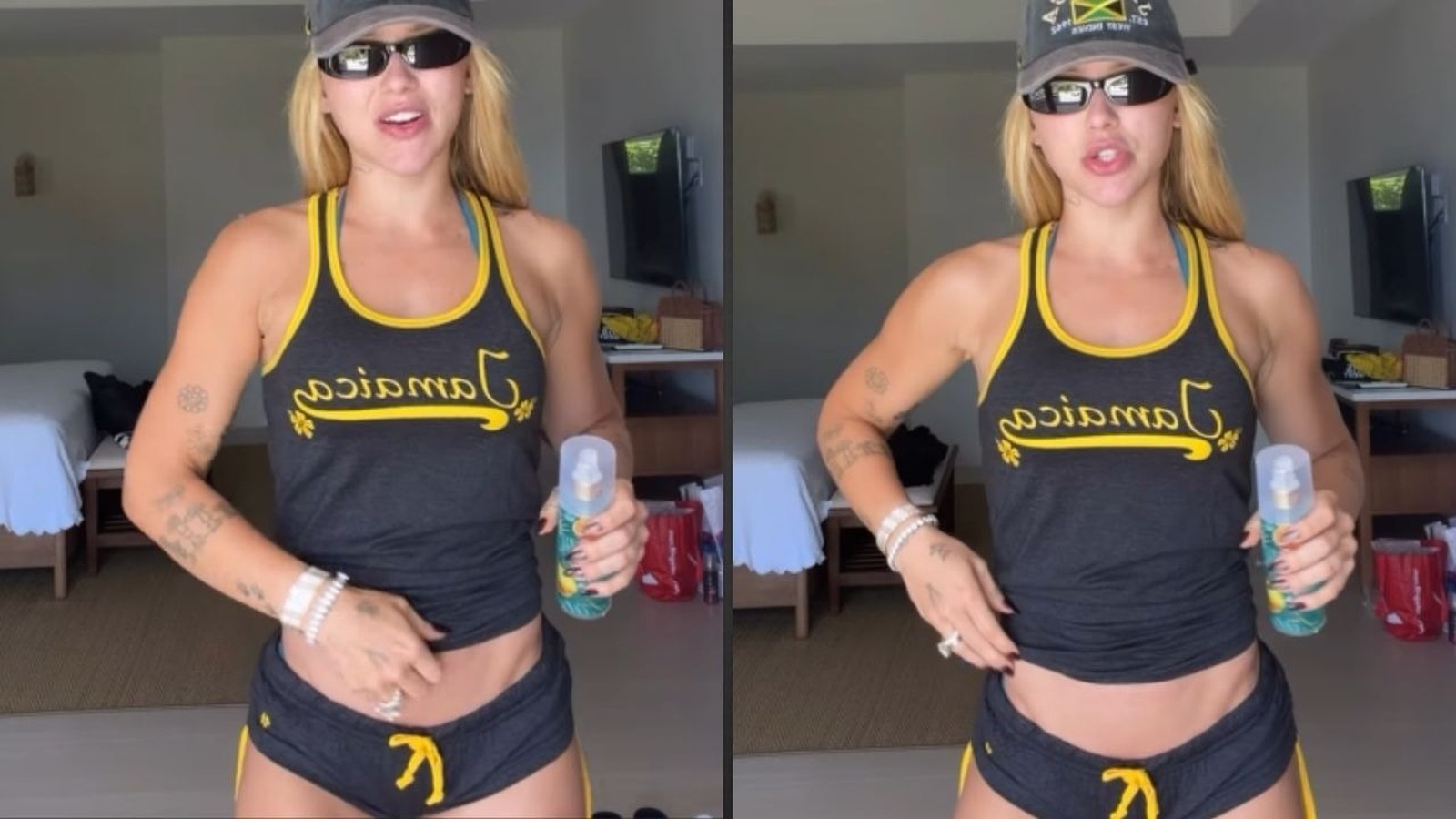 Mulher loira com boné da Jamaica, óculos escuros, regata e shorts pretos com amarelo, segurando spray