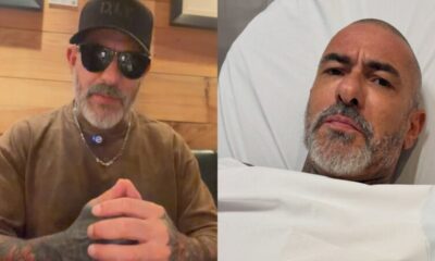 Díptico de Henrique Fogaça: à esquerda, com boné e óculos; à direita, deitado em leito hospitalar.