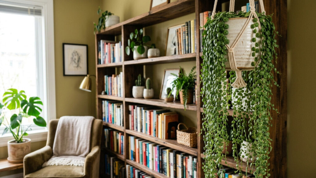 Essa planta pendente parece uma cascata de pequenas moedas verdes e é perfeita para decorar prateleiras altas e criar uma cortina viva