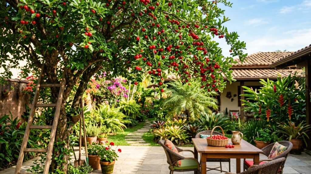 Plantei essa árvore no quintal só para ter sombra, mas ela cresceu até 3 metros sem levantar o piso, começou a dar fruta em 8 meses e hoje rende vitamina fresca para a família inteira o ano todo