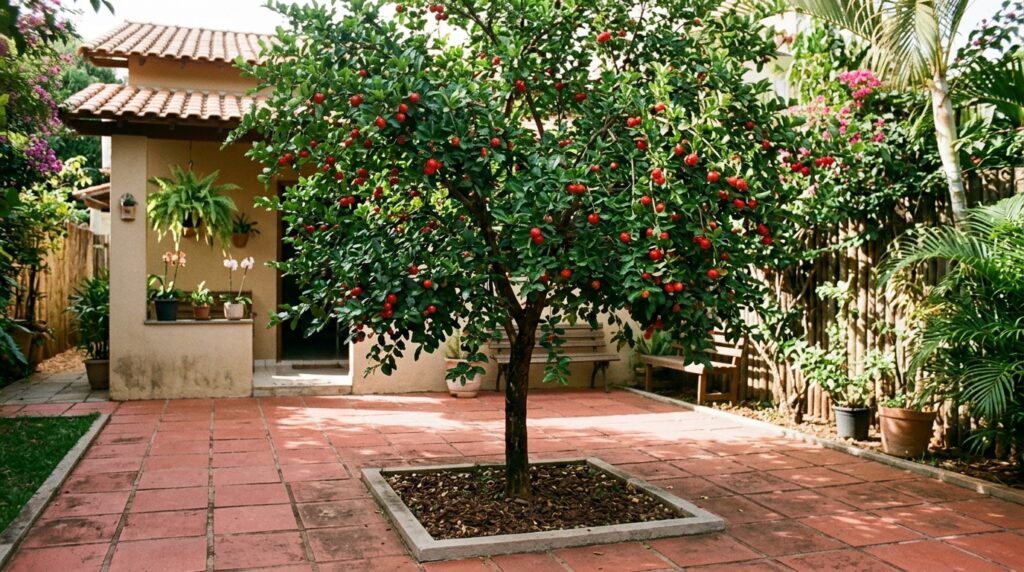 Plantei essa árvore no quintal só para ter sombra, mas ela cresceu até 3 metros sem levantar o piso, começou a dar fruta em 8 meses e hoje rende vitamina fresca para a família inteira o ano todo