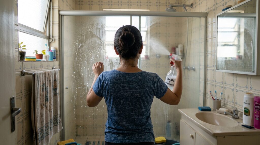 Como limpar o box de vidro do banheiro com uma mistura de vinagre e detergente