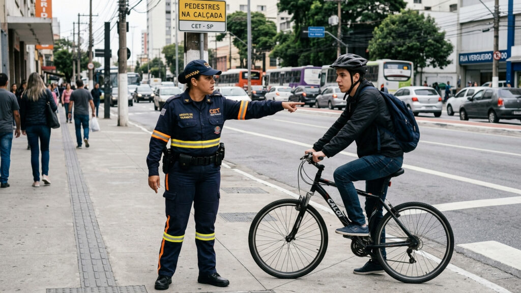 Ciclista tenta escapar do trânsito pedalando pela calçada de pedestres e é abordado com risco de apreensão do veículo e multa de R$ 130 reais