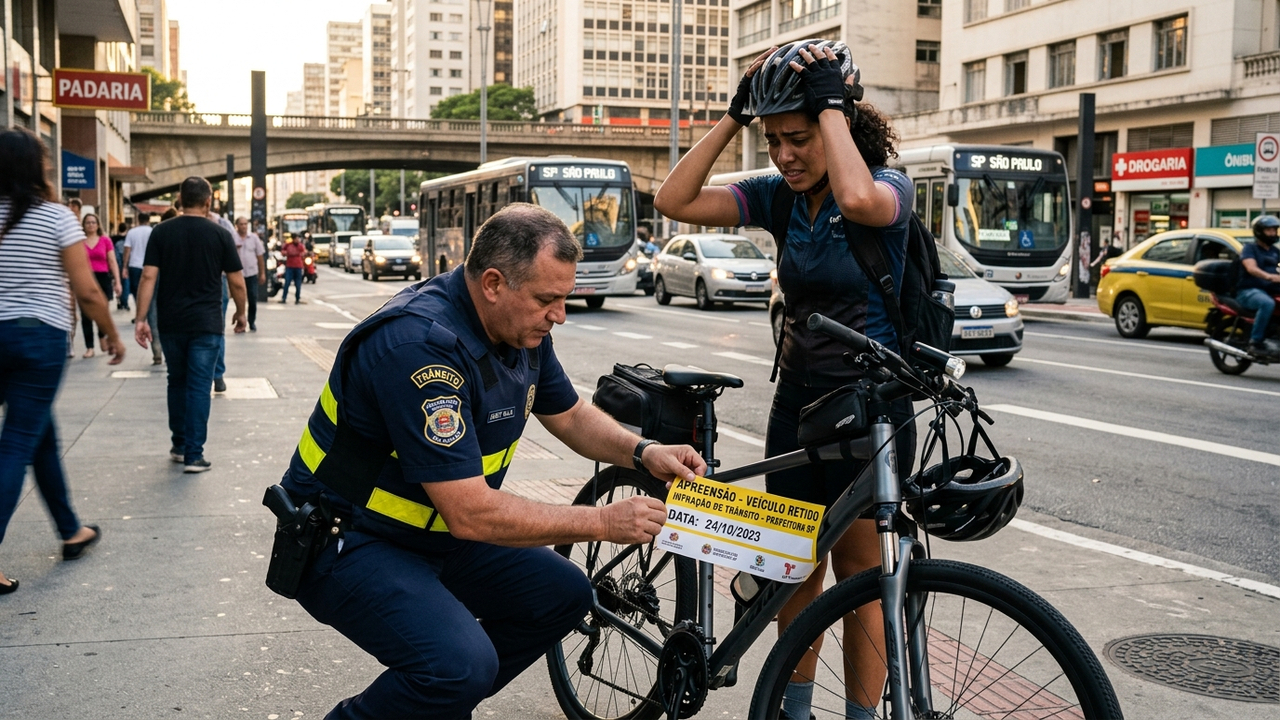 Ciclista tenta escapar do trânsito pedalando pela calçada de pedestres e é abordado com risco de apreensão do veículo e multa de R$ 130 reais