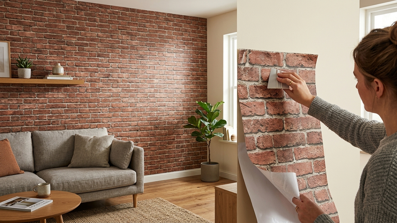 Adeus parede sem graça na sala: a nova técnica com papel adesivo de tijolo aparente para criar um painel estilo loft urbano em um fim de semana