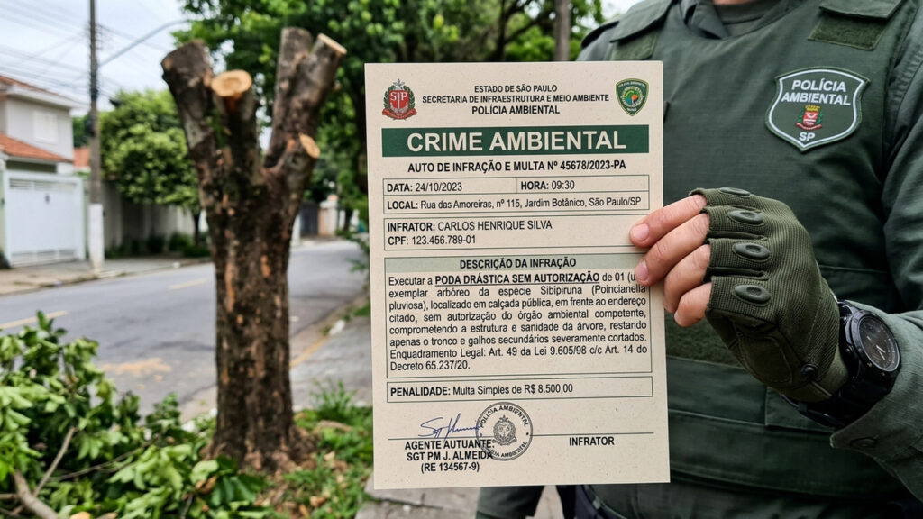 Morador corta galhos de árvore na própria calçada para liberar fios de luz e acaba denunciado à polícia sob acusação de crime ambiental