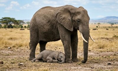 Cuidadores encontram filhote de elefante adormecido ao lado de um adulto e entendem o doce motivo