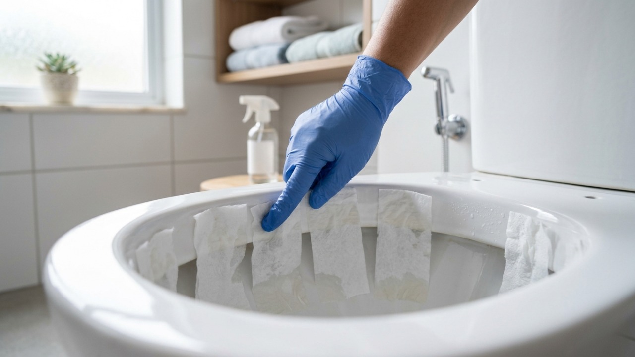 Coloque folhas de papel higiênico sob a borda do vaso e deixe agir: o truque que amolece a sujeira sem esfregar