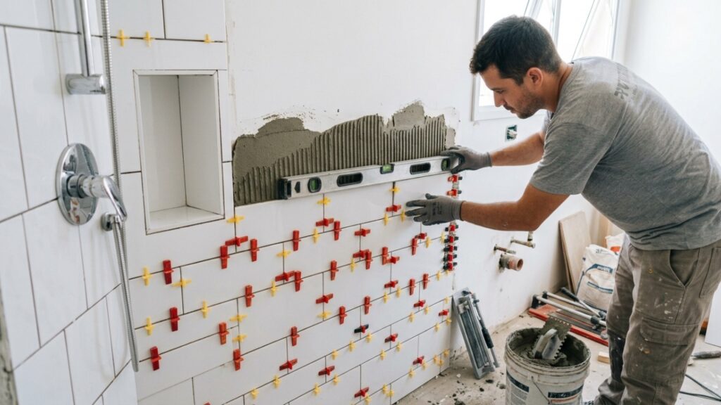 Como assentar azulejo no banheiro do jeito certo e evitar peças tortas ou rejunte irregular