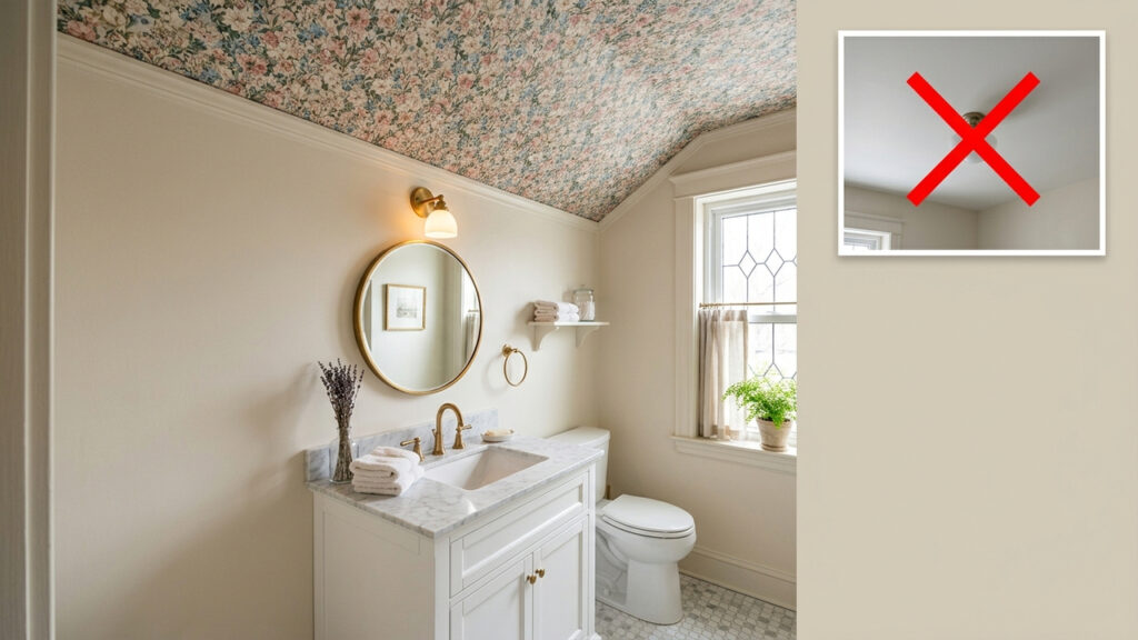 Adeus teto branco e sem graça: a nova técnica com papel de parede estampado para decorar banheiros e quartos pequenos com grande vantagem estética