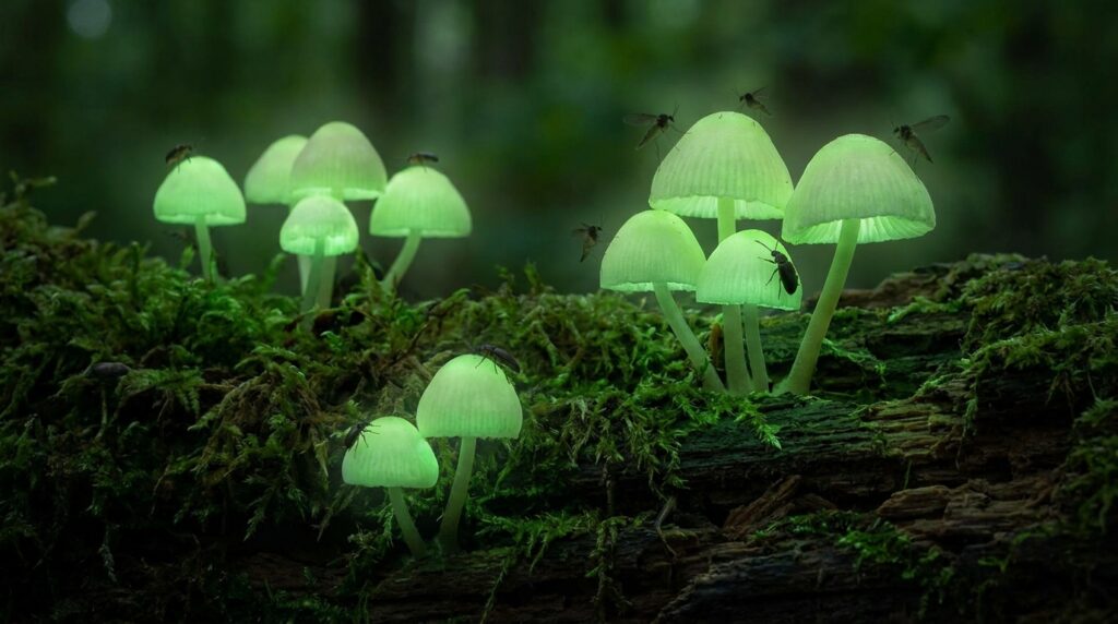 O fungo luminoso que brilha naturalmente durante a noite nas florestas