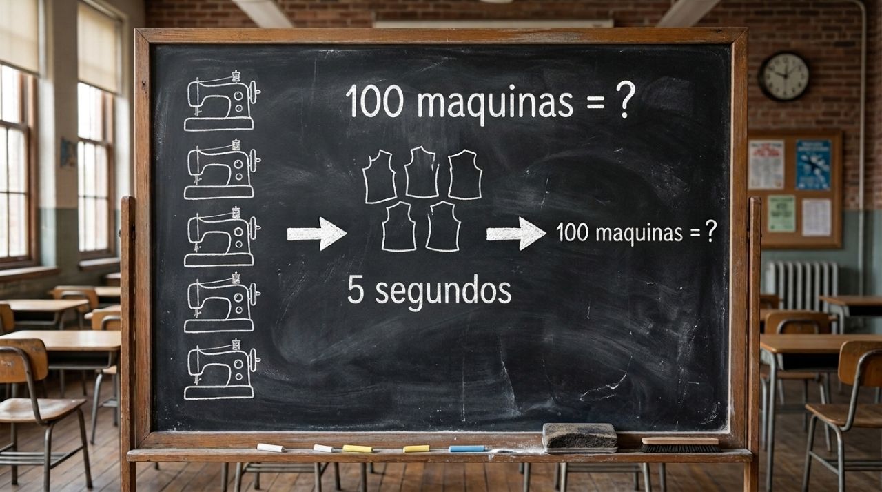 Teste sua lógica: se 5 máquinas fazem 5 peças em 5 minutos, quanto levam 100 máquinas?