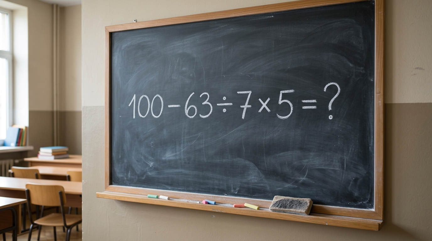 O cálculo 100 – 63 ÷ 7 × 5 parece simples, mas quase todo mundo se precipita