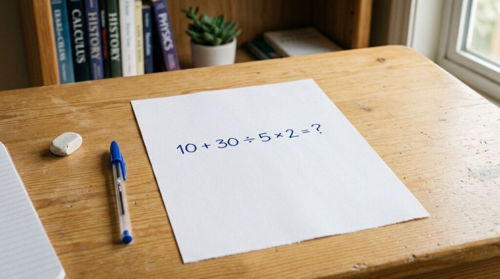 O cálculo 10 + 30 ÷ 5 × 2 parece fácil, mas pode enganar até os mais atentos