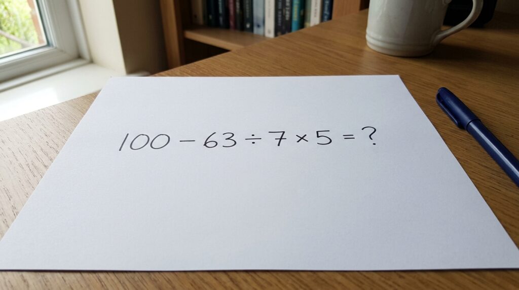 O cálculo 100 – 63 ÷ 7 × 5 parece simples, mas quase todo mundo se precipita