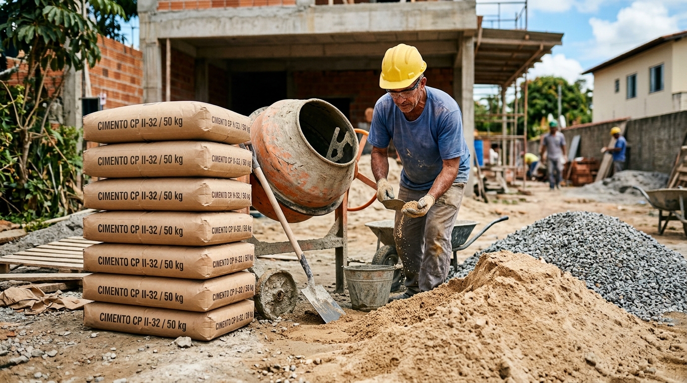 Em vez de pedir concreto no olho, o traço fecha a conta antes de a betoneira girar, cada metro cúbico consome de 6 a 7 sacos de cimento de 50 quilos, mais meio metro cúbico de areia e o mesmo de brita, e a água a mais é o que derruba a resistência