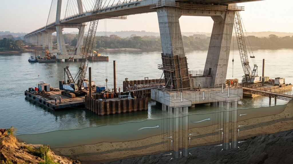 Como é feita a fundação de uma ponte embaixo d’água sem que a estrutura afunde