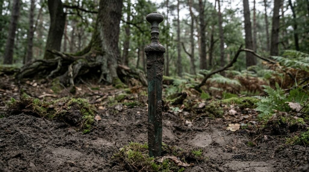 O que uma espada milenar fazia cravada no chão de uma floresta? O achado de 60 centímetros intriga arqueólogos e pode revelar uma prática esquecida há séculos