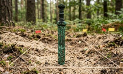 Homem usa detector de metais em uma floresta e encontra uma espada de bronze de 2.700 anos fincada no solo
