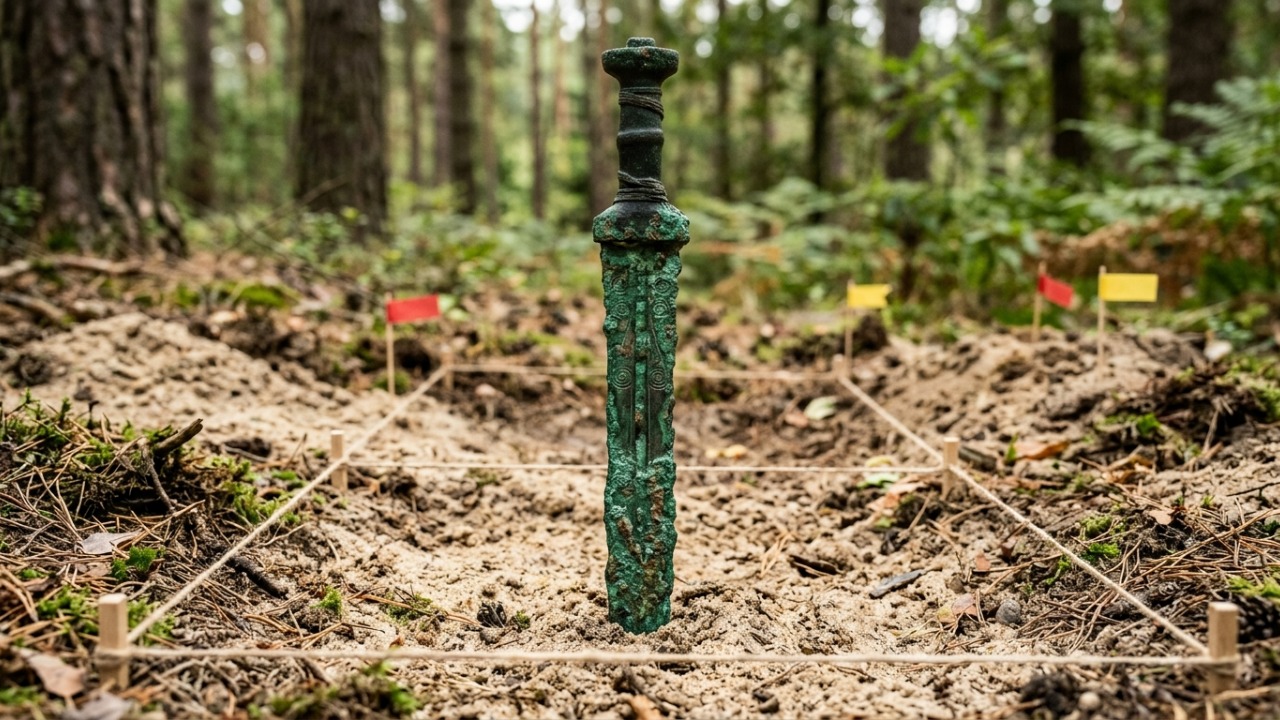 Homem usa detector de metais em uma floresta e encontra uma espada de bronze de 2.700 anos fincada no solo