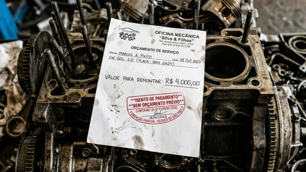 Oficina desmonta motor de carro e exige R$ 4 mil para remontar sem enviar orçamento prévio ao cliente: lei isenta o consumidor do pagamento