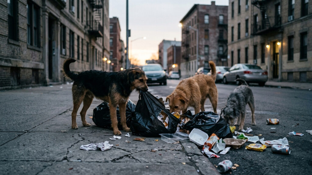Morador descarta sacos de lixo na calçada com 2 dias de antecedência, cães rasgam as embalagens e fiscalização aplica multa de limpeza urbana