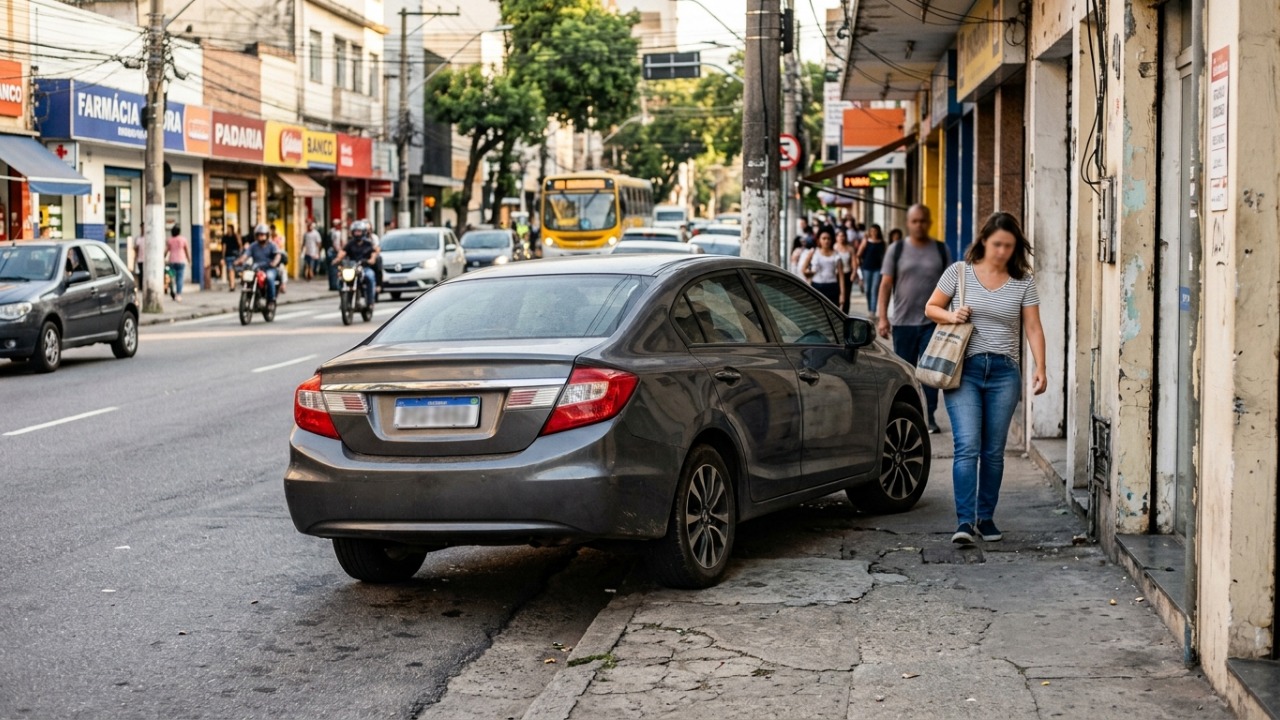 Motorista estaciona sobre a calçada para resolver assunto rápido, bloqueia a passagem de pedestres e acaba com multa de R$ 195 e 5 pontos na carteira