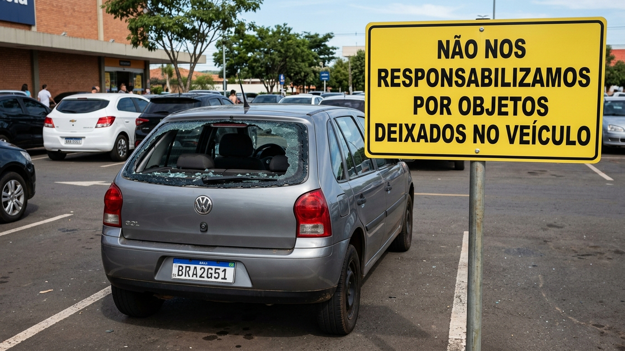 Cliente tem carro arrombado em supermercado, gerente aponta placa de isenção de culpa e Justiça condena a loja a pagar todo o prejuízo