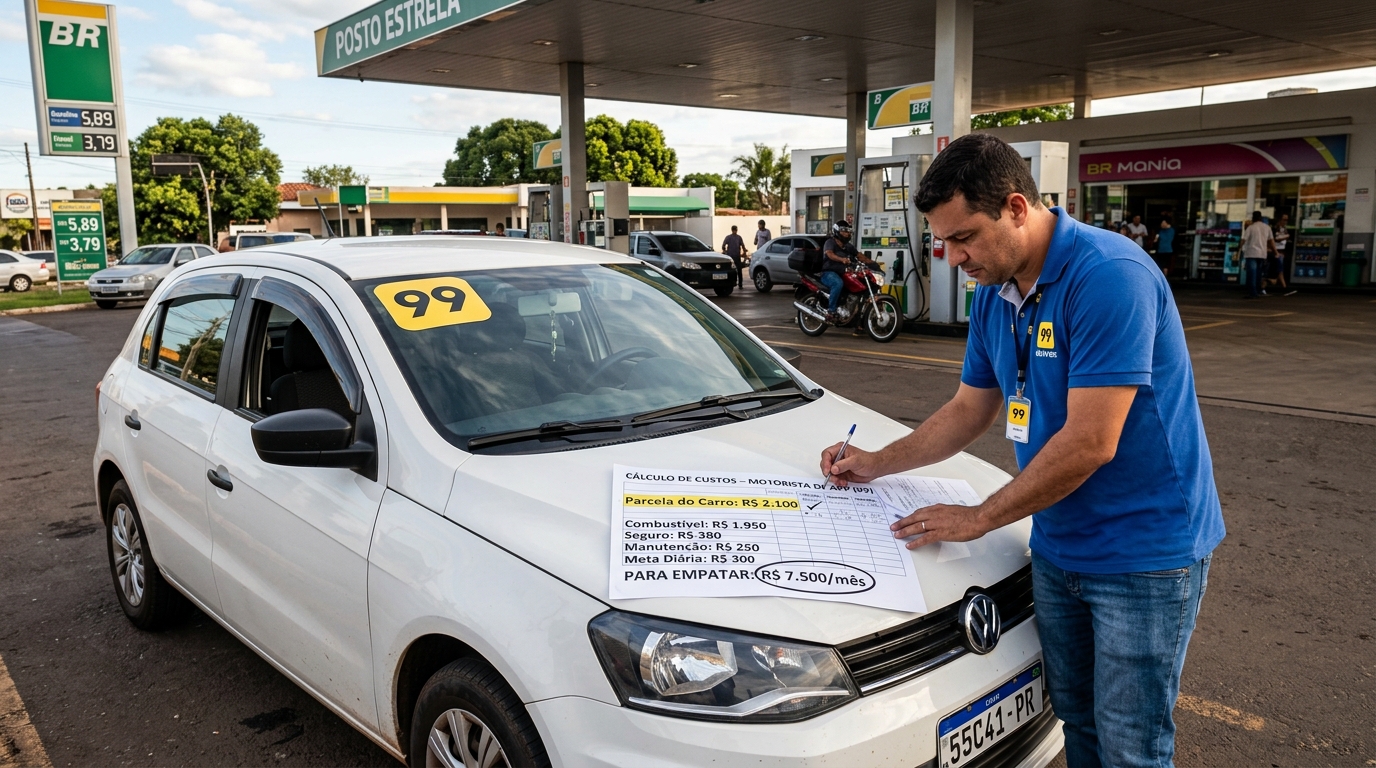 Motorista do app 99 compra carro zero de R$ 85 mil financiado, assume parcela de R$ 2.100 e leva um choque: precisa faturar R$ 7.500 por mês apenas para pagar as contas. Logo no primeiro mês, ficou abaixo da meta
