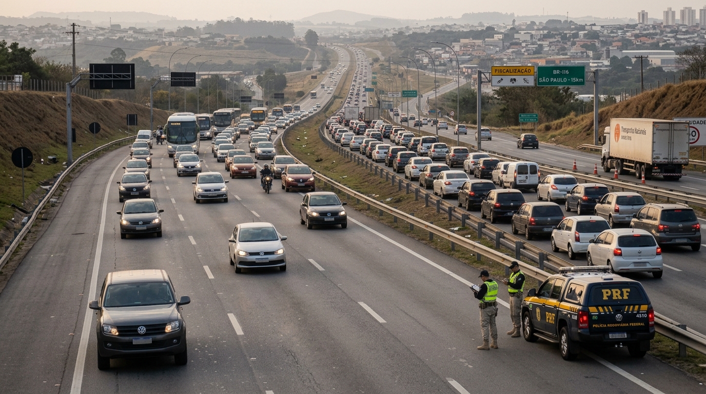 Trânsito para por causa de um caminhão quebrado na pista, dezenas de motoristas resolvem furar a fila pelo acostamento, e a fiscalização flagra mais de 50 infrações em apenas 13 minutos e aplica multa de R$ 293 e 7 pontos a cada um