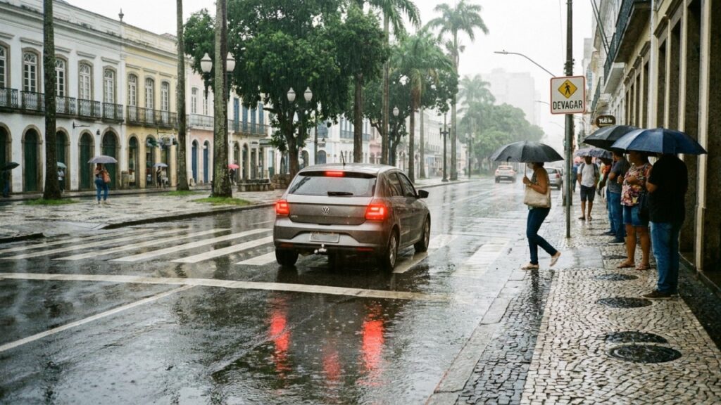 Condutor passa em poça d’água e molha pedestre, mas atitude no trânsito acaba iniciando revolta e multa