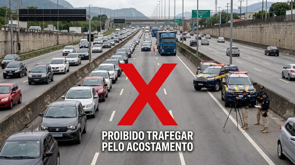 Trânsito para por causa de um caminhão quebrado na pista, dezenas de motoristas resolvem furar a fila pelo acostamento, e a fiscalização flagra mais de 50 infrações em apenas 13 minutos e aplica multa de R$ 293 e 7 pontos a cada um