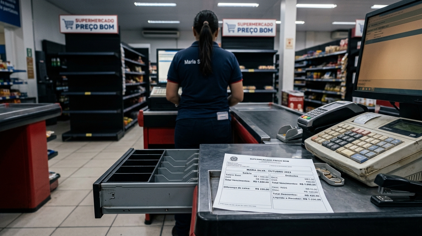 Caixa de supermercado leva R$ 220 de desconto no salário por uma diferença no fechamento do dia, acha que é normal, e descobre que a empresa não pode repassar o prejuízo do negócio ao funcionário sem prova de culpa