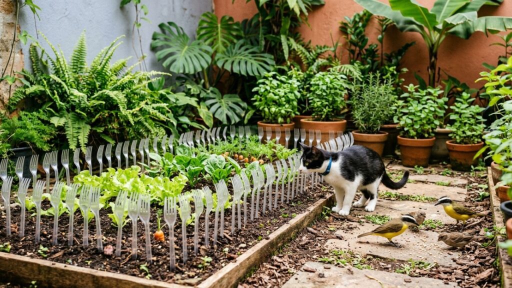 Nem espantalho nem produto caro: por que jardineiros estão espetando garfos de plástico na horta