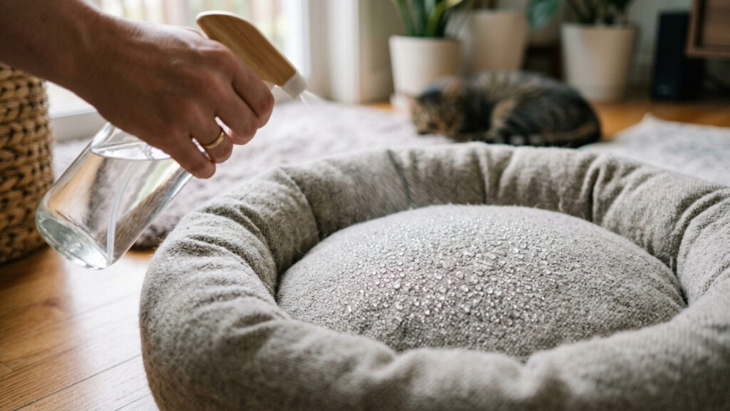 Mistura de vinagre de maçã com água purificada: para que serve o spray de higienizar a cama do pet para eliminar odores e afastar pulgas