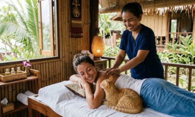 Turistas param para uma massagem e recebem uma surpresa adorável de um gato local