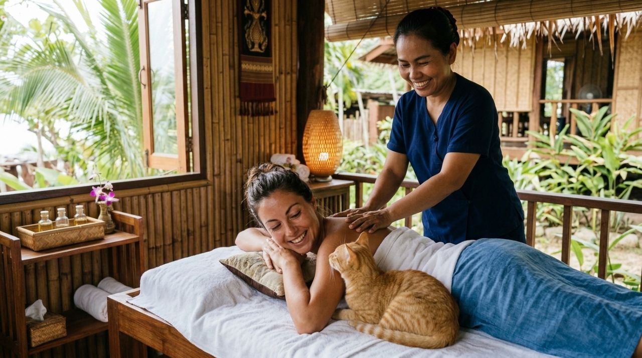 Turistas param para uma massagem e recebem uma surpresa adorável de um gato local
